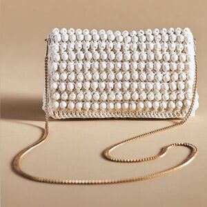 Anthropologie Beaded Crochet Clutch Bag – Ivory with Gold Chain